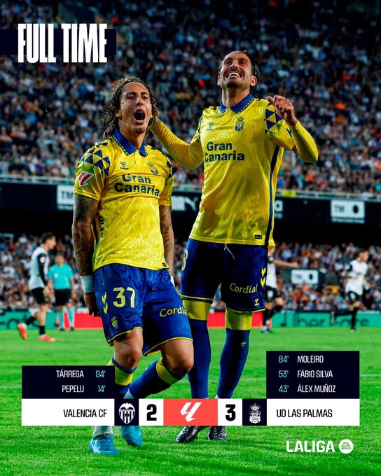 拉斯帕爾馬斯客勝瓦倫西亞取得首勝，本賽季西甲已無不勝球隊